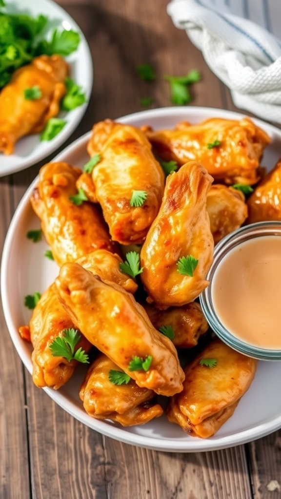 A delicious plate of crispy chicken wings garnished with parsley and served with dipping sauce.